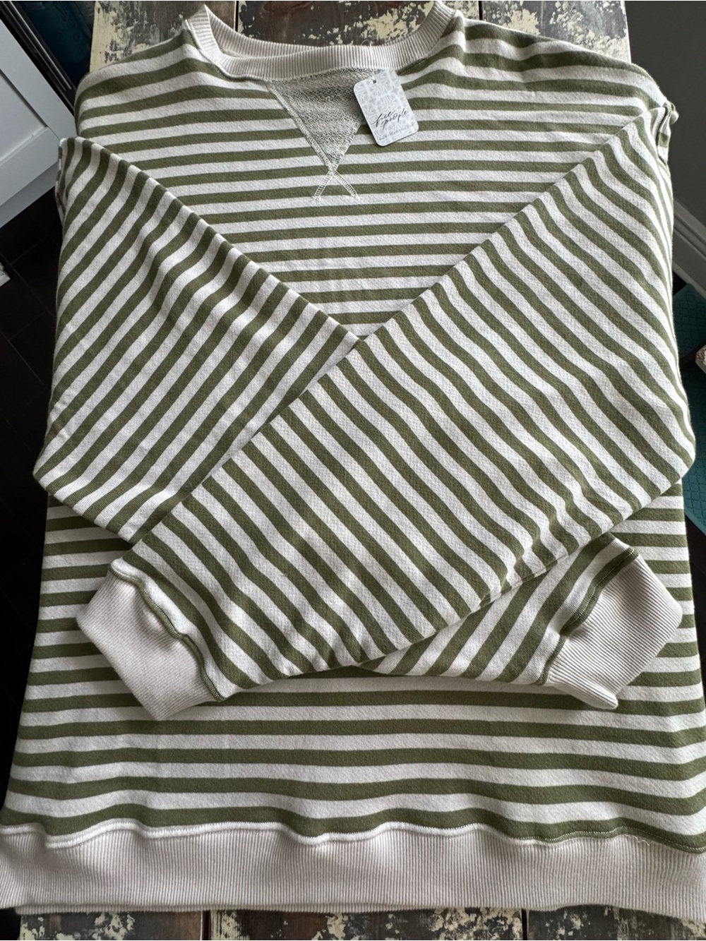 Free People Oversized Olive Green and Cream Striped Crew Sweatshirt